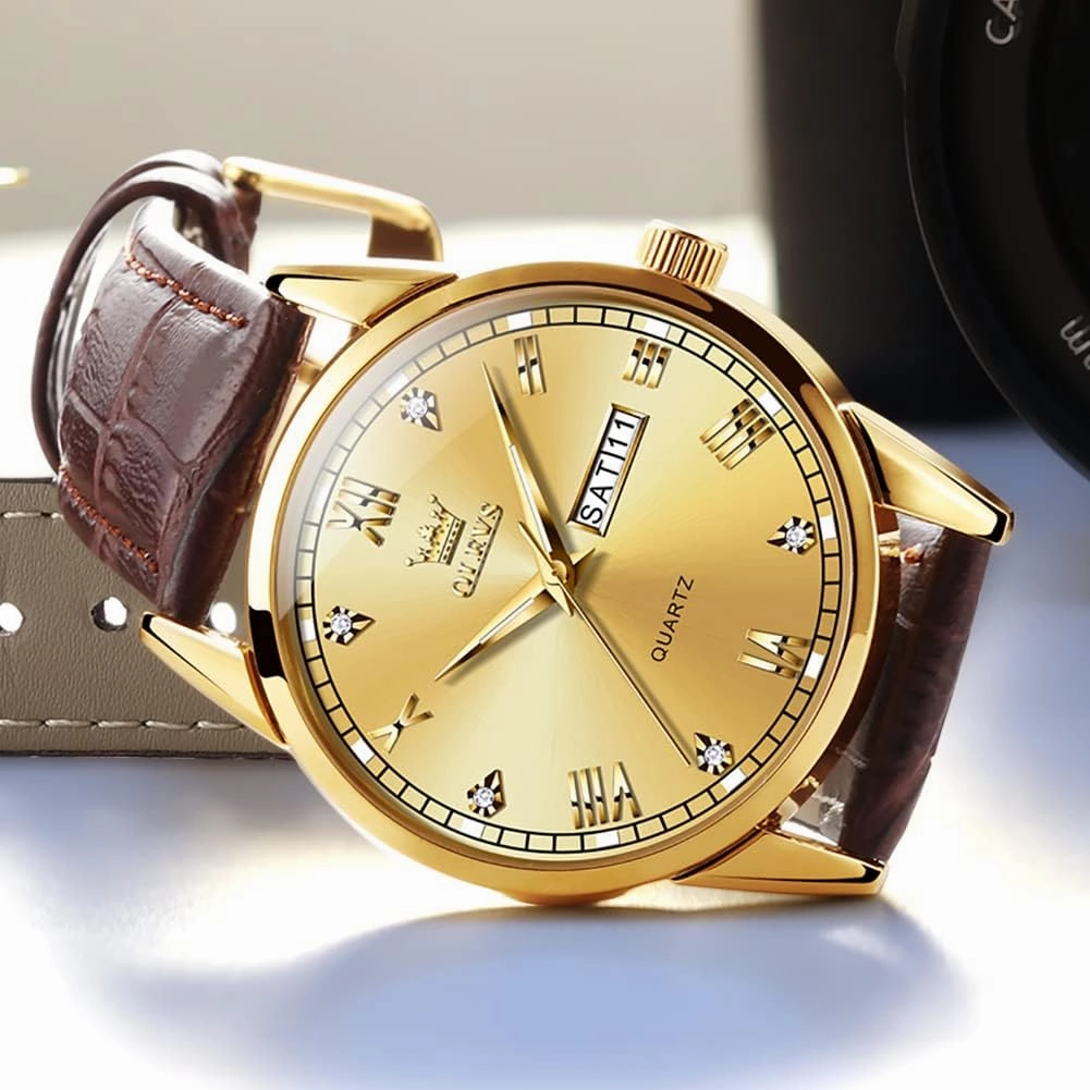 OLEVS Amazon Watches,Brown Leather Watch for Men,Men Day Date Watch,Men's Luminous Watch,Dress Watch for Men,Rose Gold Watch for Men,Men's Fashion Quartz Watch,Waterproof Brown Man Watches