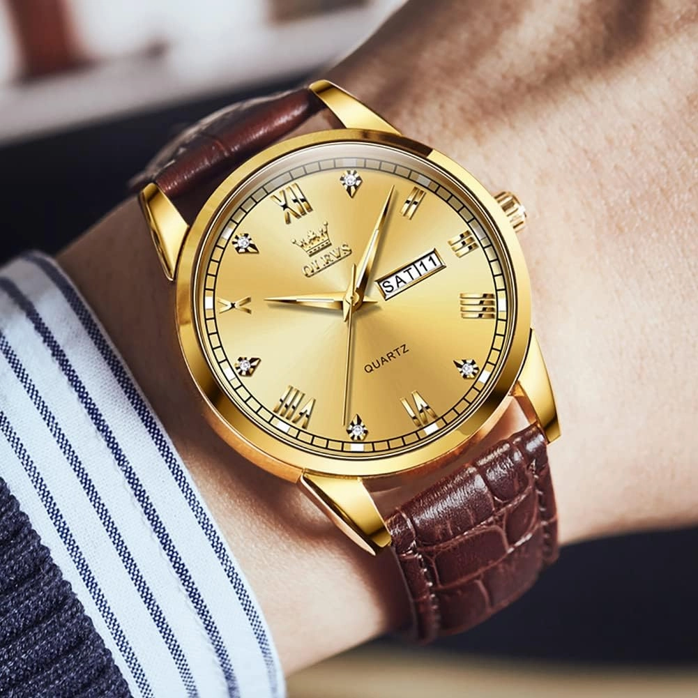 OLEVS Amazon Watches,Brown Leather Watch for Men,Men Day Date Watch,Men's Luminous Watch,Dress Watch for Men,Rose Gold Watch for Men,Men's Fashion Quartz Watch,Waterproof Brown Man Watches