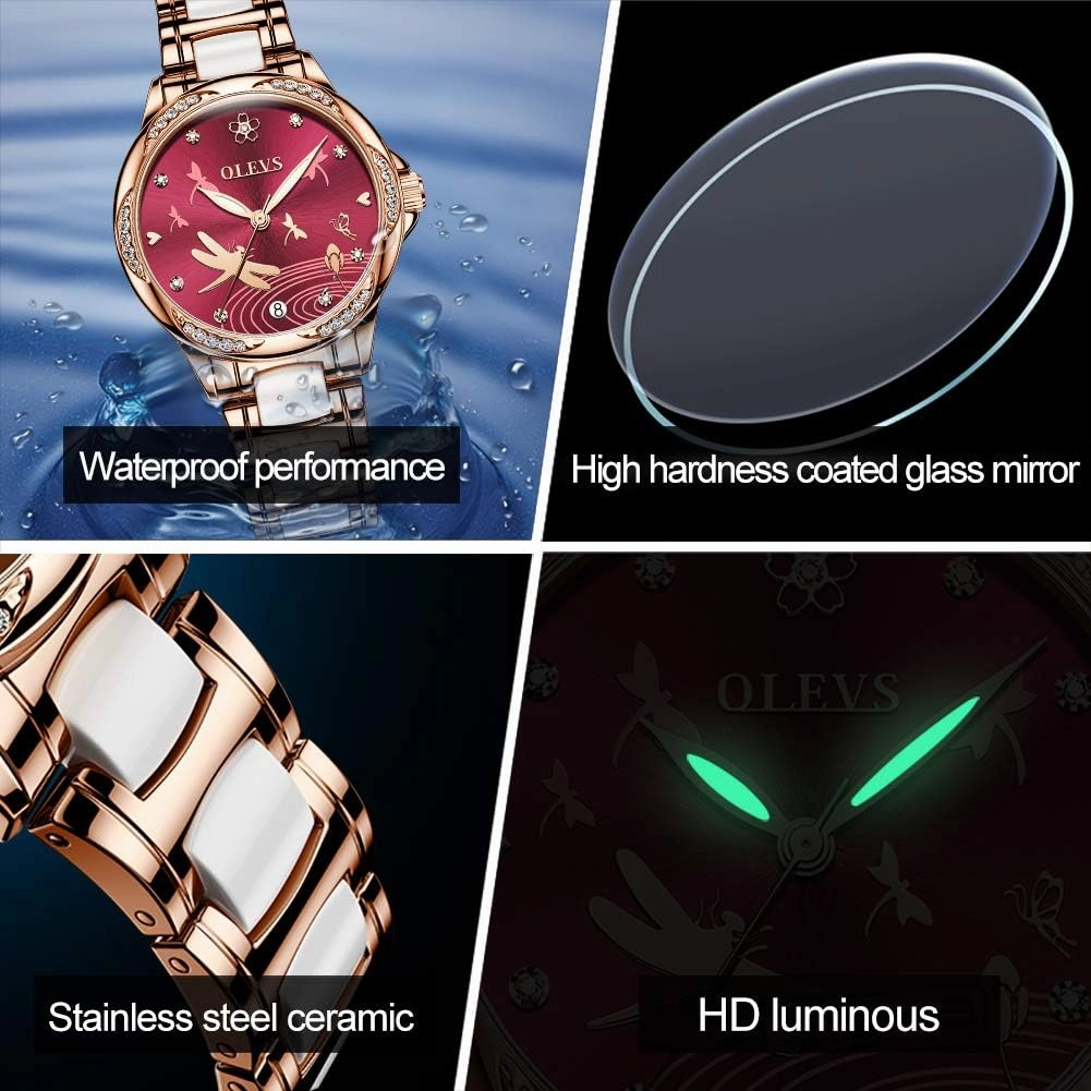OLEVS Automatic Watches for Women Mechanical Diamond Love Heart Dial Rose Gold Ceramic Band Waterproof Luminous Date Ladies Watches