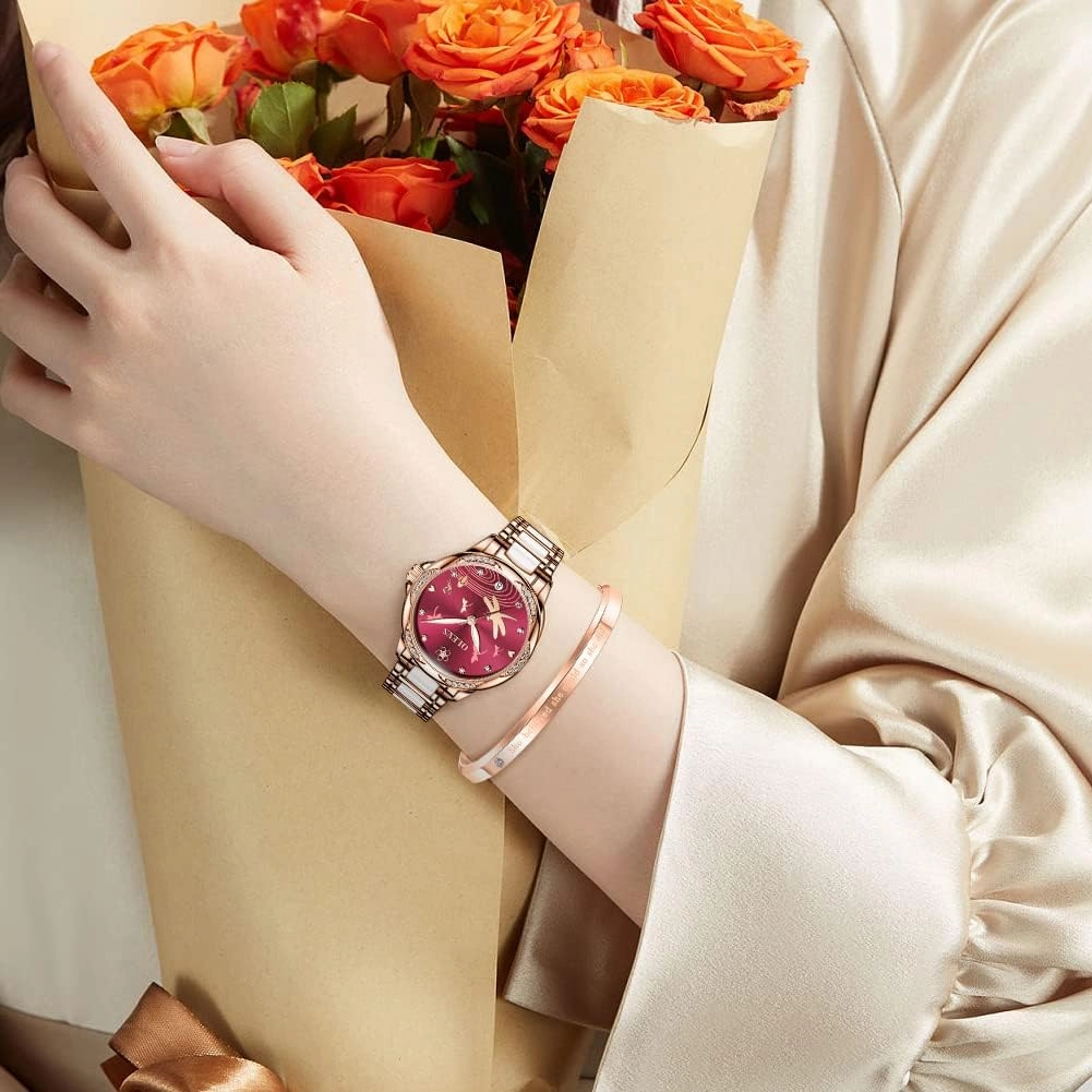 OLEVS Automatic Watches for Women Mechanical Diamond Love Heart Dial Rose Gold Ceramic Band Waterproof Luminous Date Ladies Watches