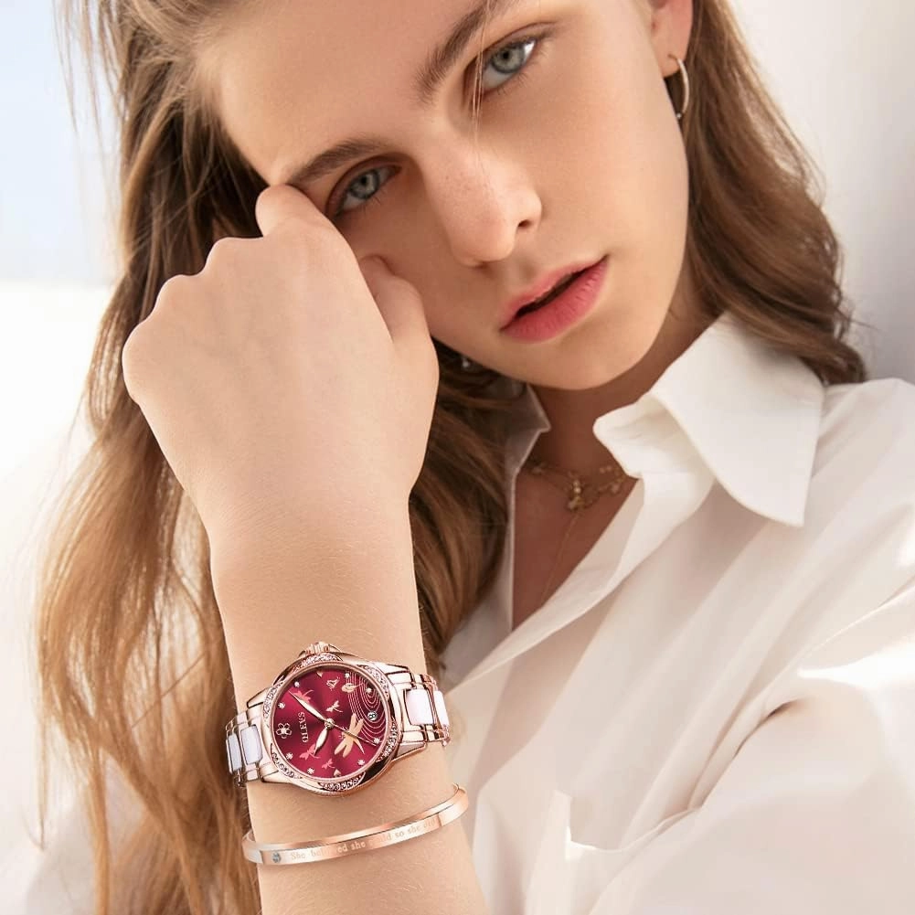 OLEVS Automatic Watches for Women Mechanical Diamond Love Heart Dial Rose Gold Ceramic Band Waterproof Luminous Date Ladies Watches