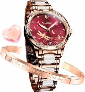 OLEVS Automatic Watches for Women Mechanical Diamond Love Heart Dial Rose Gold Ceramic Band Waterproof Luminous Date Ladies Watches