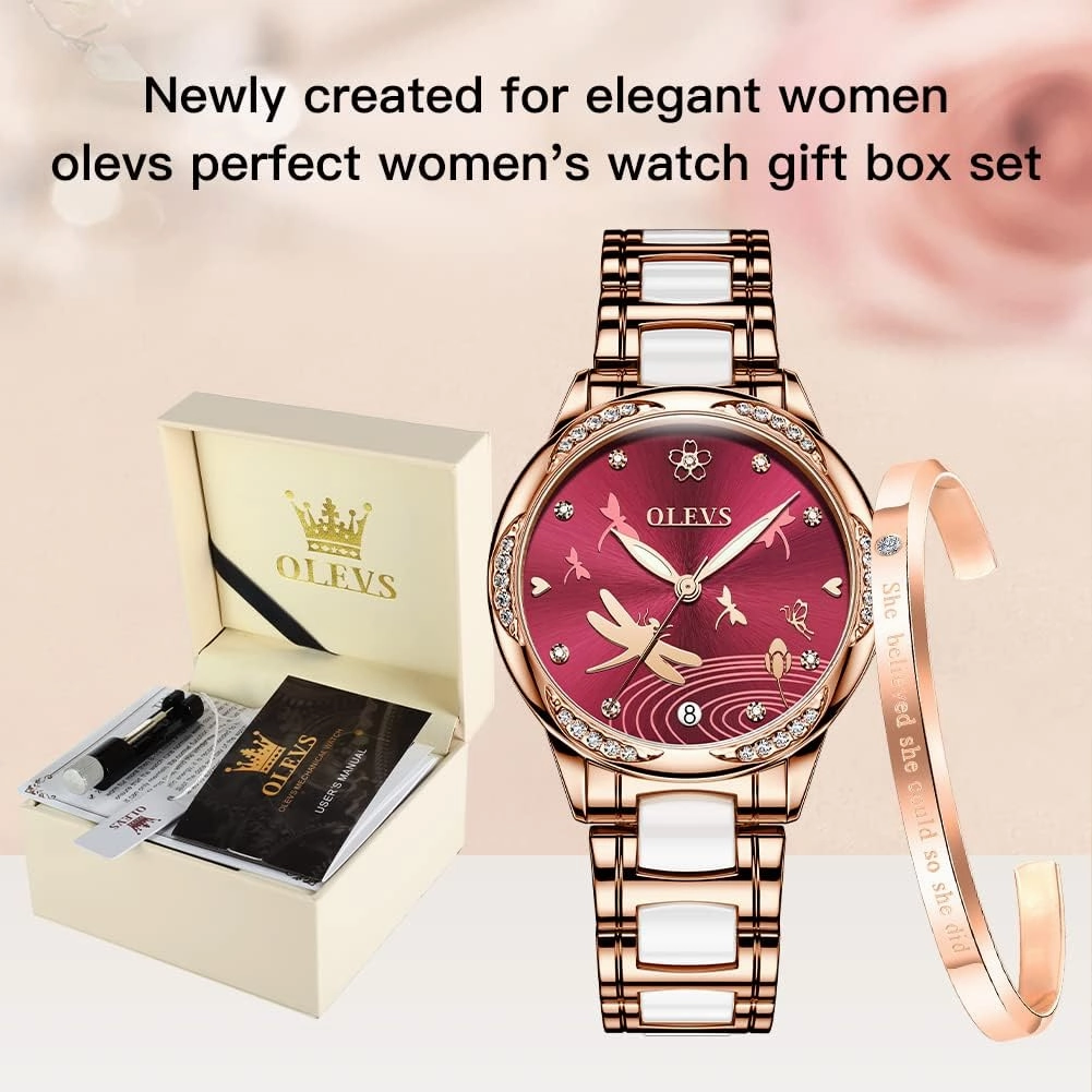 OLEVS Automatic Watches for Women Mechanical Diamond Love Heart Dial Rose Gold Ceramic Band Waterproof Luminous Date Ladies Watches