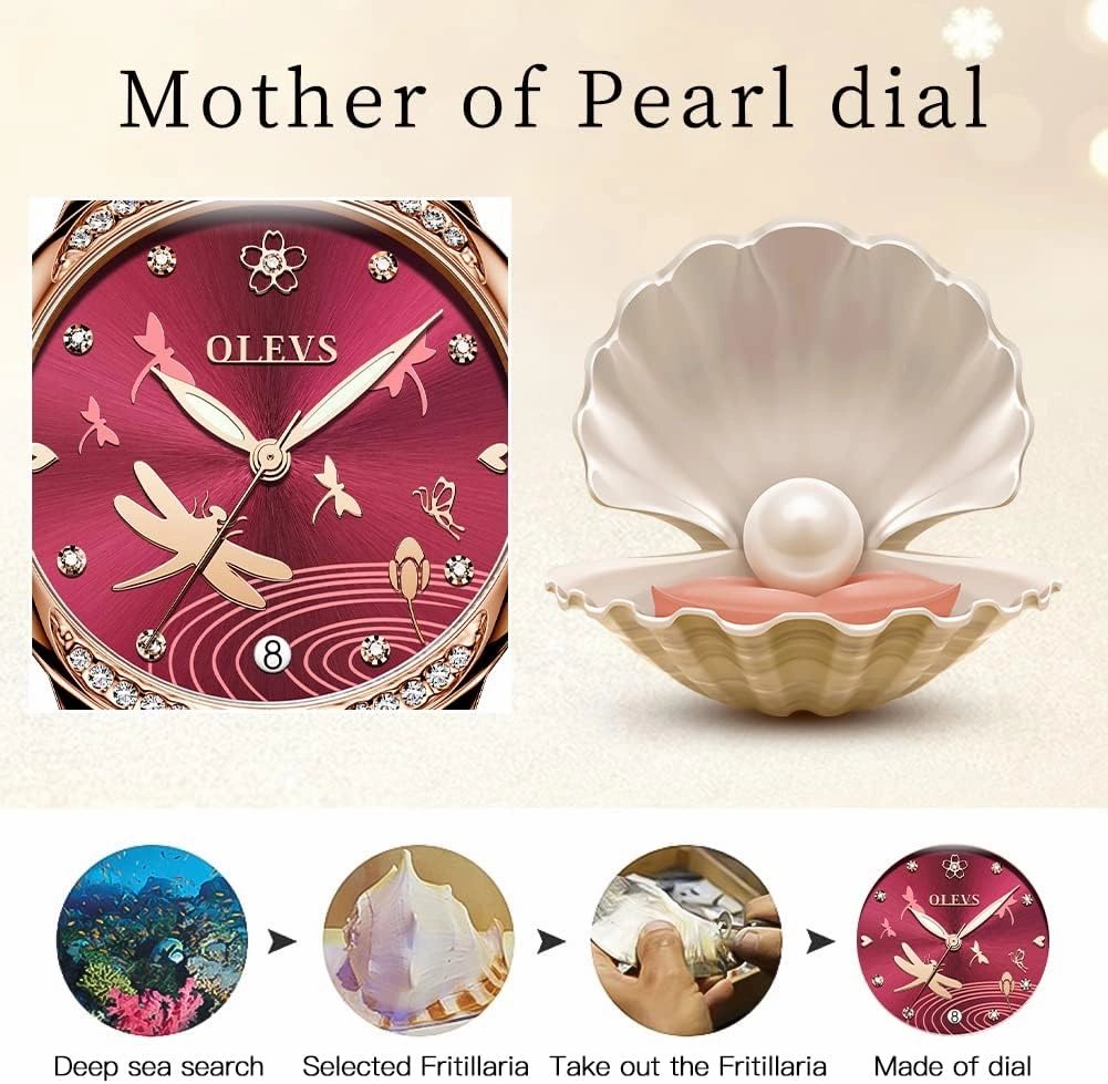 OLEVS Automatic Watches for Women Mechanical Diamond Love Heart Dial Rose Gold Ceramic Band Waterproof Luminous Date Ladies Watches