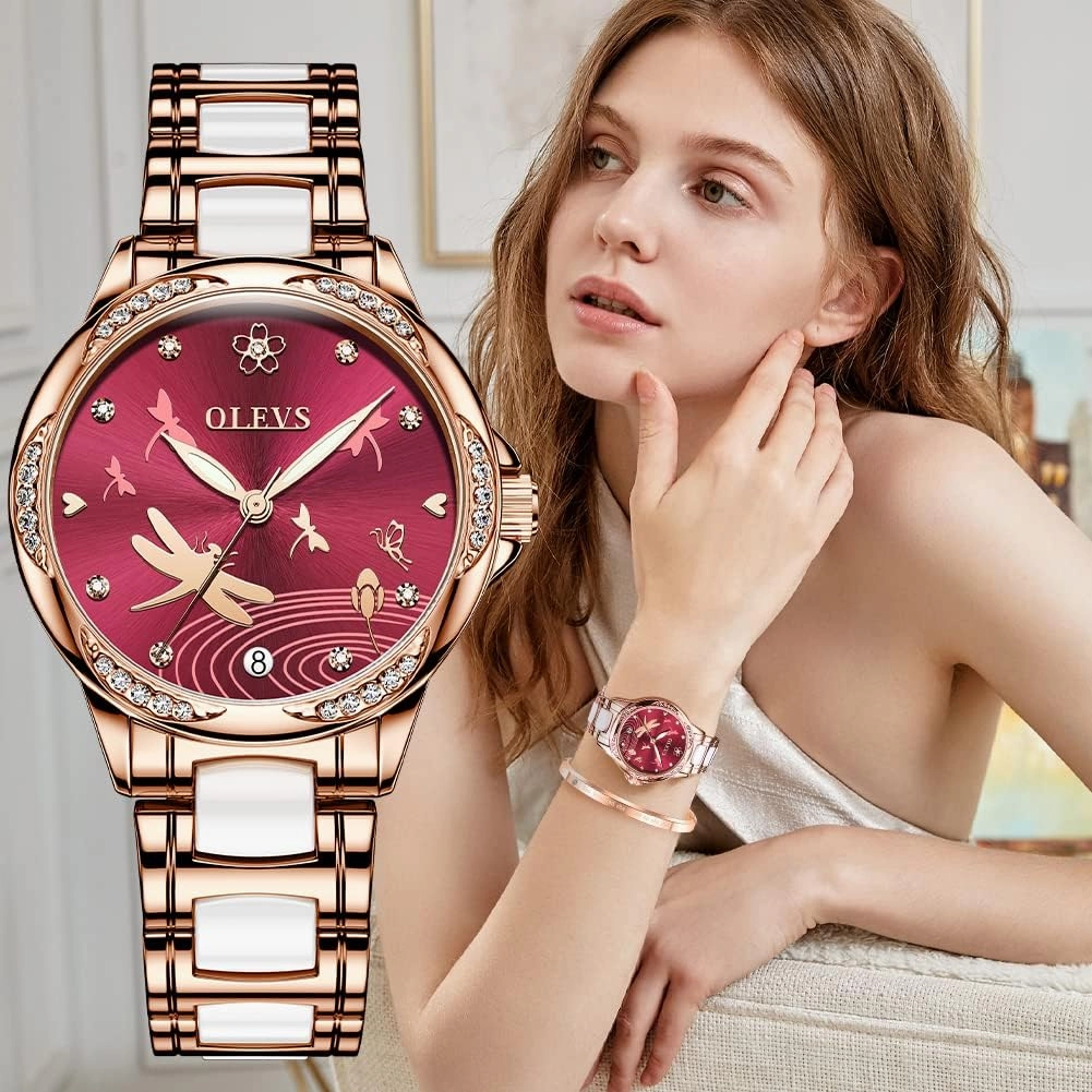 OLEVS Automatic Watches for Women Mechanical Diamond Love Heart Dial Rose Gold Ceramic Band Waterproof Luminous Date Ladies Watches