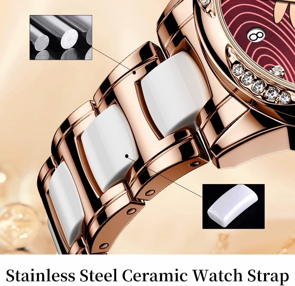 OLEVS Automatic Watches for Women Mechanical Diamond Love Heart Dial Rose Gold Ceramic Band Waterproof Luminous Date Ladies Watches