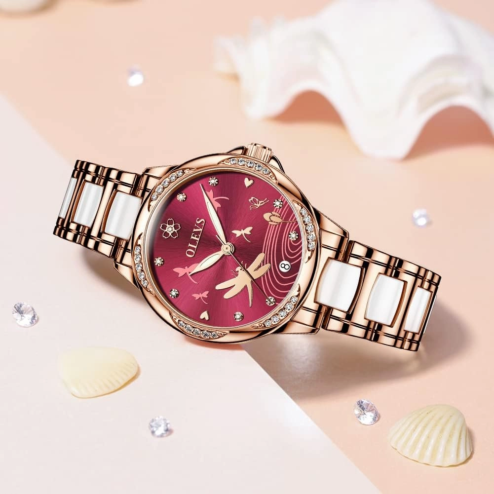 OLEVS Automatic Watches for Women Mechanical Diamond Love Heart Dial Rose Gold Ceramic Band Waterproof Luminous Date Ladies Watches