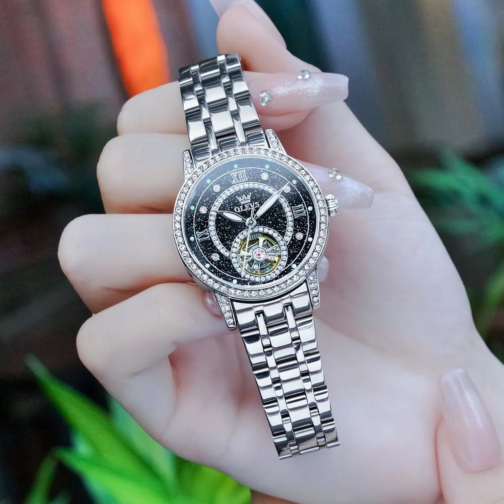 OLEVS Automatic Women's Watches Skeleton Starry Sky Ladies Watch Silver Rose Gold Mechanical Luxury Business Dress Diamond Luminous Waterproof Wrist Watches Watches