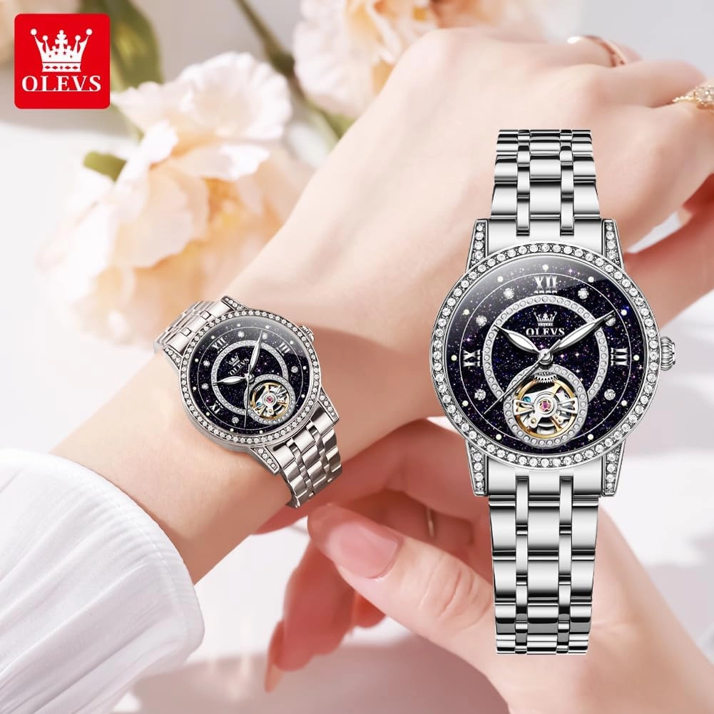 OLEVS Automatic Women's Watches Skeleton Starry Sky Ladies Watch Silver Rose Gold Mechanical Luxury Business Dress Diamond Luminous Waterproof Wrist Watches Watches