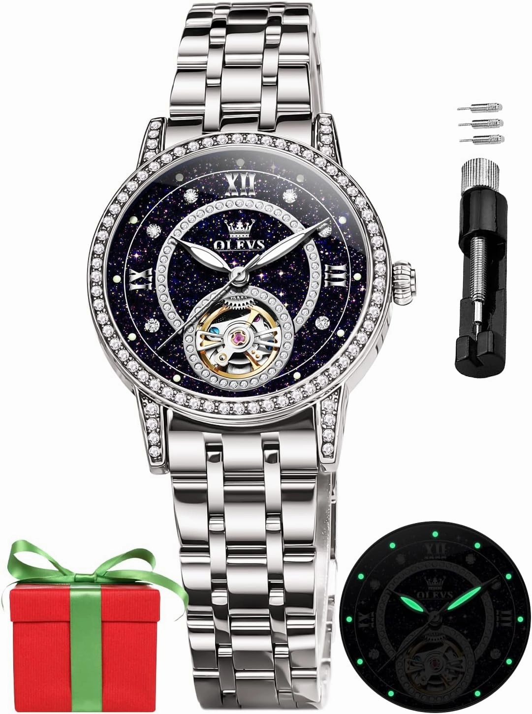 OLEVS Automatic Women's Watches Skeleton Starry Sky Ladies Watch Silver Rose Gold Mechanical Luxury Business Dress Diamond Luminous Waterproof Wrist Watches Watches