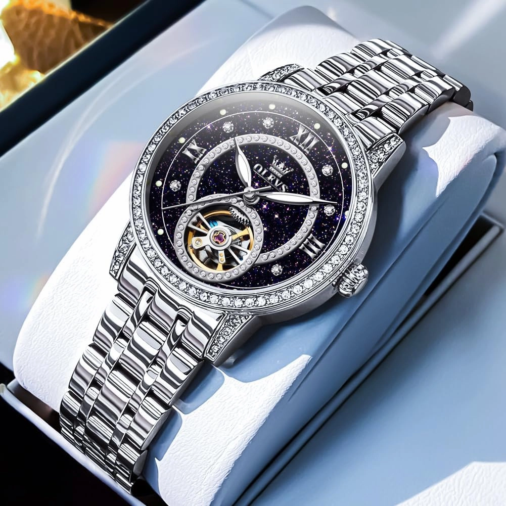 OLEVS Automatic Women's Watches Skeleton Starry Sky Ladies Watch Silver Rose Gold Mechanical Luxury Business Dress Diamond Luminous Waterproof Wrist Watches Watches
