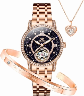 OLEVS Automatic Womens Watches Mechanical Diamond Skeleton Luxury Dress Stainless Steel Silver/Rose Gold Waterproof Luminous Ladies Wrist Watches Gift Set