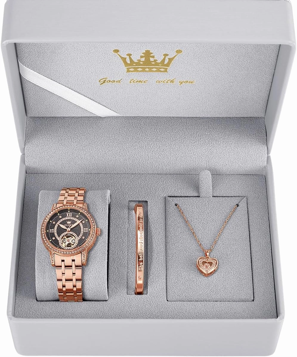 OLEVS Automatic Womens Watches Mechanical Diamond Skeleton Luxury Dress Stainless Steel Silver/Rose Gold Waterproof Luminous Ladies Wrist Watches Gift Set