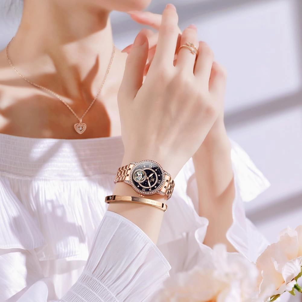 OLEVS Automatic Womens Watches Mechanical Diamond Skeleton Luxury Dress Stainless Steel Silver/Rose Gold Waterproof Luminous Ladies Wrist Watches Gift Set
