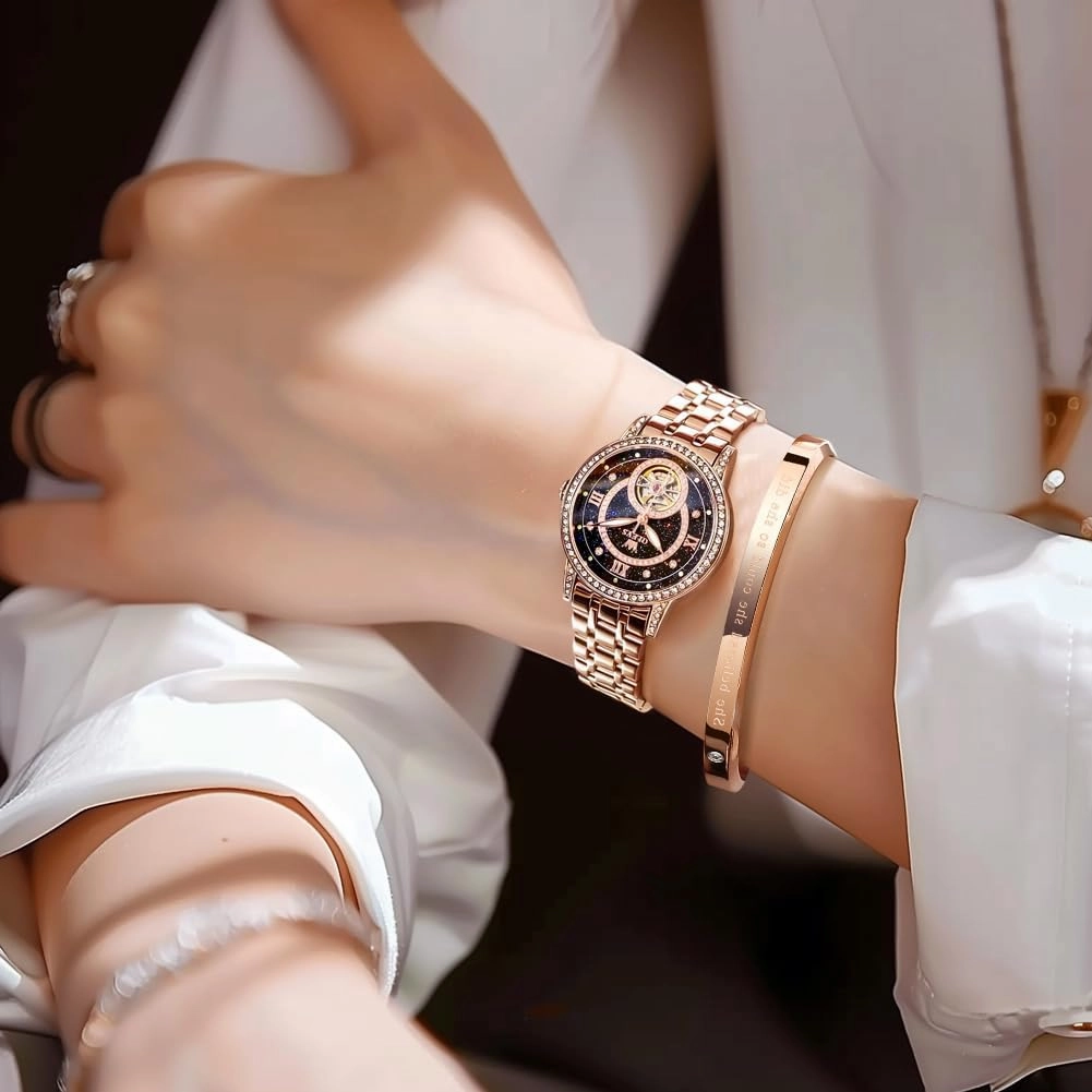 OLEVS Automatic Womens Watches Mechanical Diamond Skeleton Luxury Dress Stainless Steel Silver/Rose Gold Waterproof Luminous Ladies Wrist Watches Gift Set