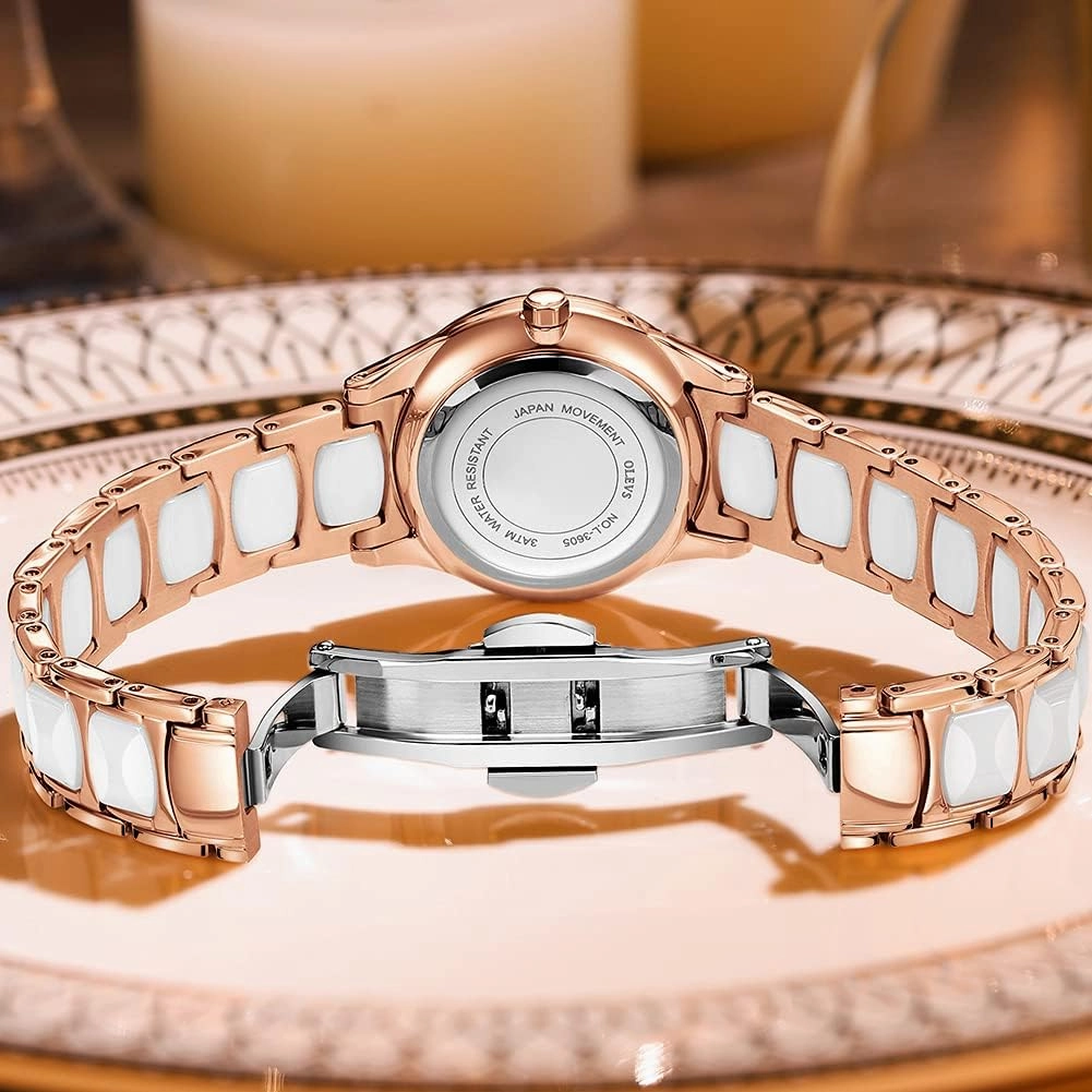 OLEVS Ladies Watch Rose Gold Ceramic Designer Elegant Note Fashion Luxury 3ATM Date Waterproof Luminous Green Valentine's Day Present Quartz