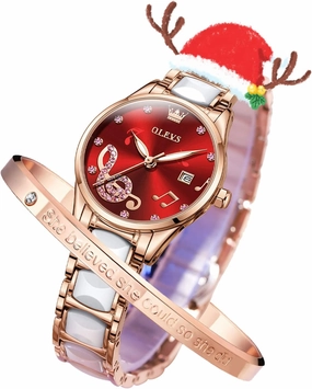 OLEVS Ladies Watch Rose Gold Ceramic Designer Elegant Note Fashion Luxury 3ATM Date Waterproof Luminous Green Valentine's Day Present Quartz