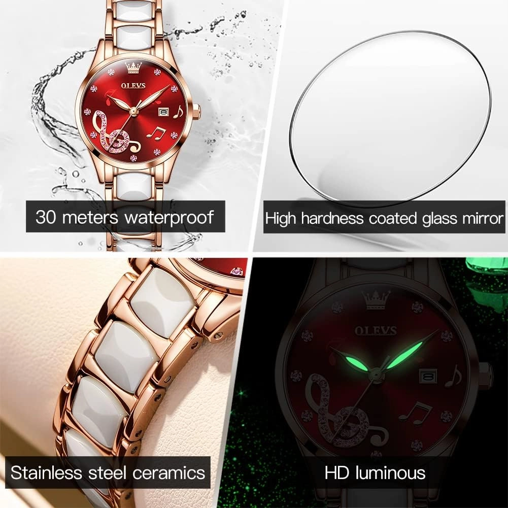 OLEVS Ladies Watch Rose Gold Ceramic Designer Elegant Note Fashion Luxury 3ATM Date Waterproof Luminous Green Valentine's Day Present Quartz