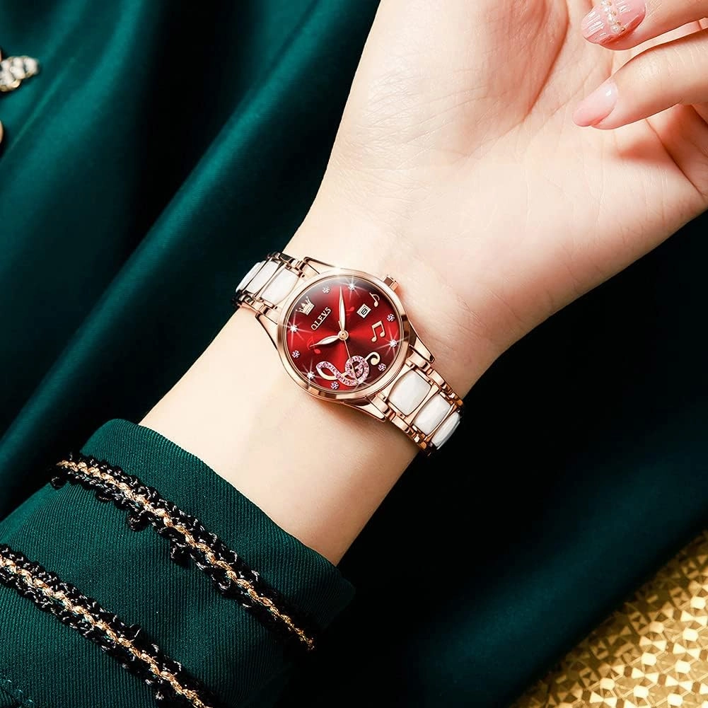 OLEVS Ladies Watch Rose Gold Ceramic Designer Elegant Note Fashion Luxury 3ATM Date Waterproof Luminous Green Valentine's Day Present Quartz