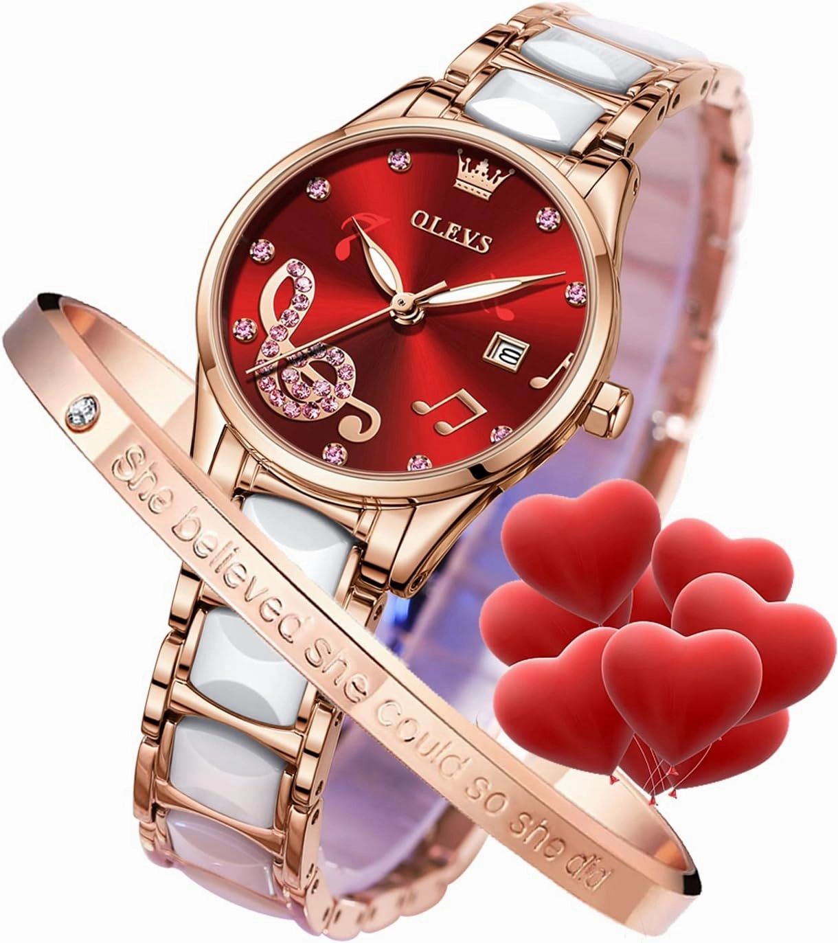 OLEVS Ladies Watch Rose Gold Ceramic Designer Elegant Note Fashion Luxury 3ATM Date Waterproof Luminous Green Valentine's Day Present Quartz