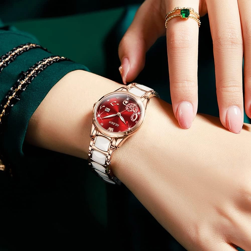 OLEVS Ladies Watch Rose Gold Ceramic Designer Elegant Note Fashion Luxury 3ATM Date Waterproof Luminous Green Valentine's Day Present Quartz