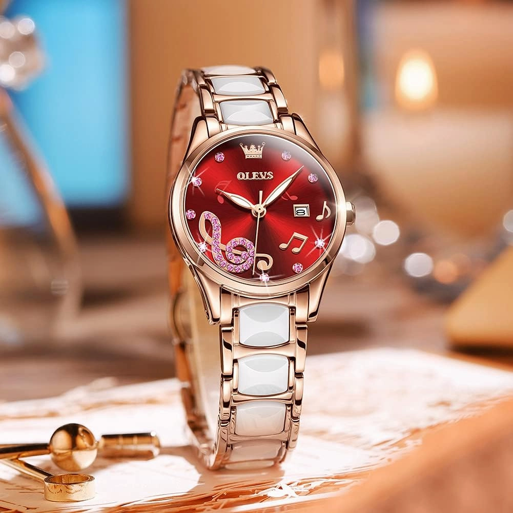 OLEVS Ladies Watch Rose Gold Ceramic Designer Elegant Note Fashion Luxury 3ATM Date Waterproof Luminous Green Valentine's Day Present Quartz
