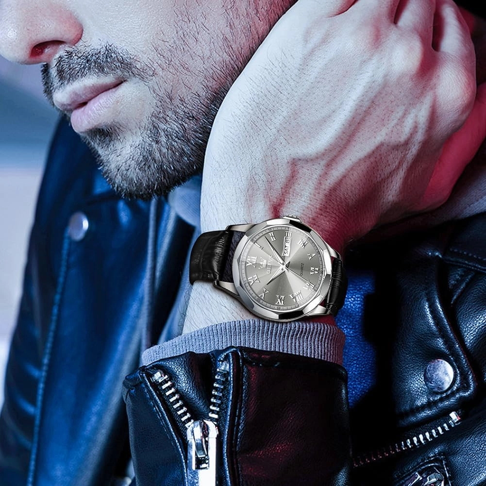 OLEVS Men's Chronograph Quartz Watches, Leather Strap Gold Case with Day Date, Waterproof Stainless Steel Wrist Watch, Luminous Hand Analog Watches for Men, Brown/Black/Blue/White Dial