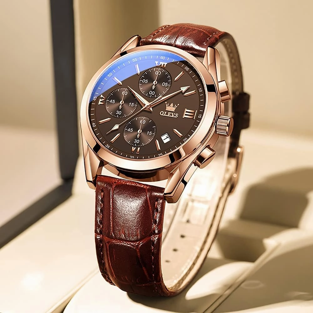 OLEVS Men's Chronograph Quartz Watches, Leather Strap Gold Case with Day Date, Waterproof Stainless Steel Wrist Watch, Luminous Hand Analog Watches for Men, Brown/Black/Blue/White Dial