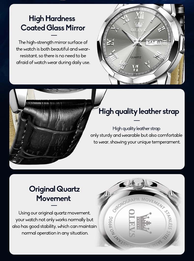 OLEVS Men's Chronograph Quartz Watches, Leather Strap Gold Case with Day Date, Waterproof Stainless Steel Wrist Watch, Luminous Hand Analog Watches for Men, Brown/Black/Blue/White Dial