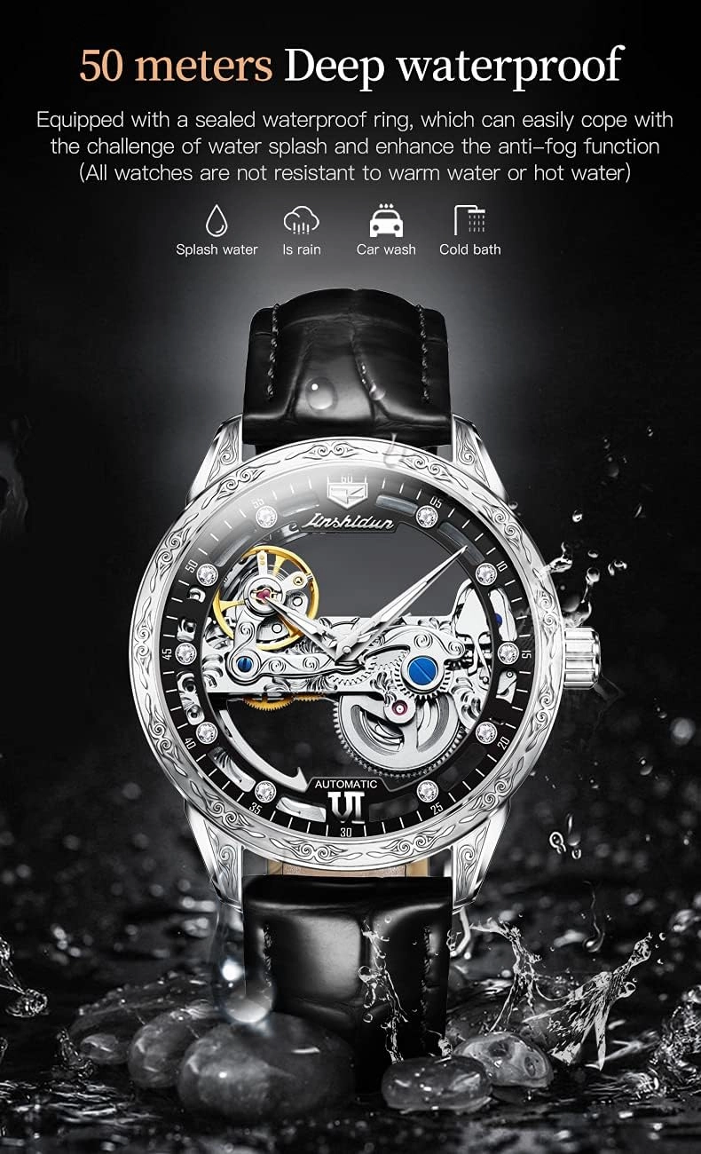 OLEVS Men's Skeleton Mechanical Dress Watch Automatic Self Winding Waterproof Luminous Luxury Leather Wrist Watches