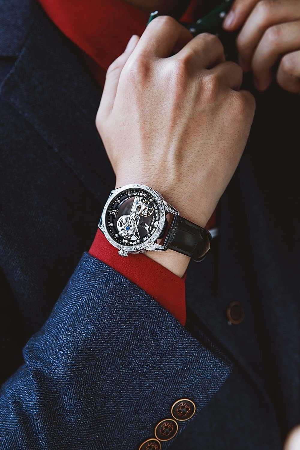 OLEVS Men's Skeleton Mechanical Dress Watch Automatic Self Winding Waterproof Luminous Luxury Leather Wrist Watches