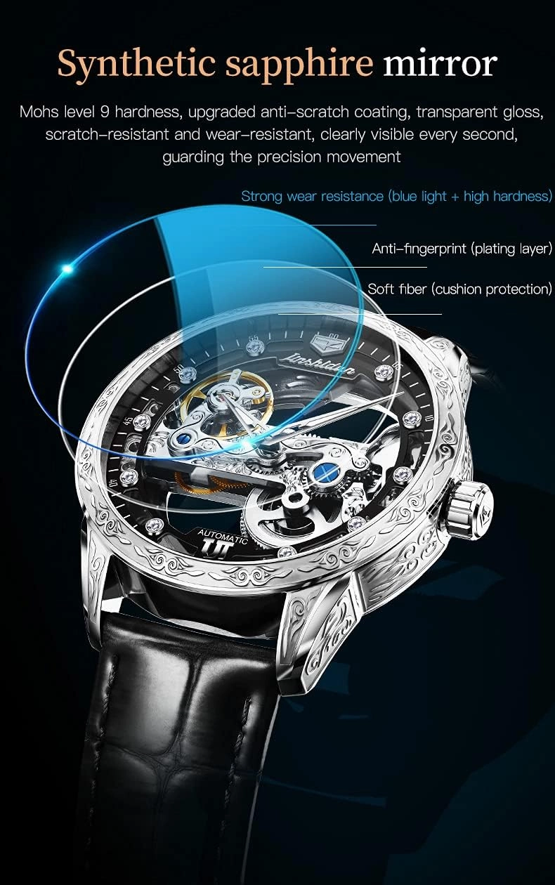 OLEVS Men's Skeleton Mechanical Dress Watch Automatic Self Winding Waterproof Luminous Luxury Leather Wrist Watches