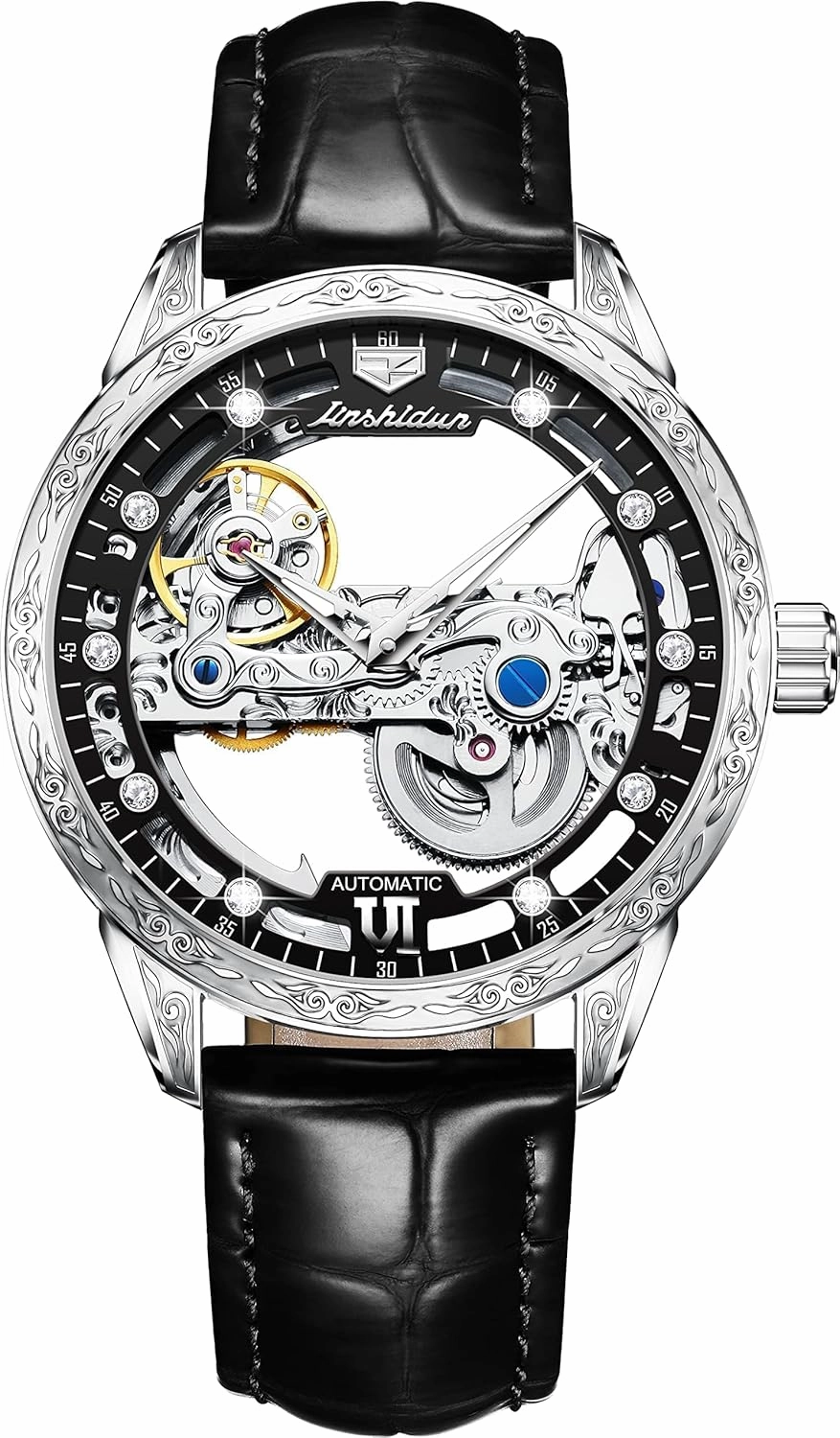 OLEVS Men's Skeleton Mechanical Dress Watch Automatic Self Winding Waterproof Luminous Luxury Leather Wrist Watches