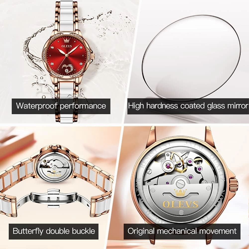 OLEVS Watch for Women Automatic Self Winding Mechanical Ladies Wrist Watch Big face Two Tone Stainless Steel Ceramic Bracelet Heart Diamond Fashion Luxury Ceramic Band Luminous Waterproof…