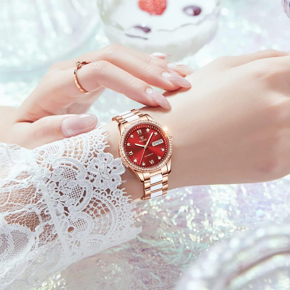 OLEVS Watch for Women Automatic Self Winding Mechanical Ladies Wrist Watch Big face Two Tone Stainless Steel Ceramic Bracelet Heart Diamond Fashion Luxury Ceramic Band Luminous Waterproof…