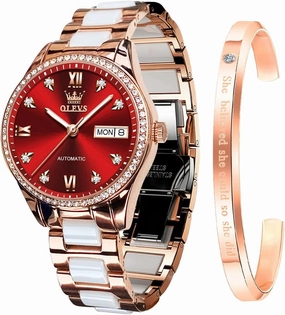 OLEVS Watch for Women Automatic Self Winding Mechanical Ladies Wrist Watch Big face Two Tone Stainless Steel Ceramic Bracelet Heart Diamond Fashion Luxury Ceramic Band Luminous Waterproof…