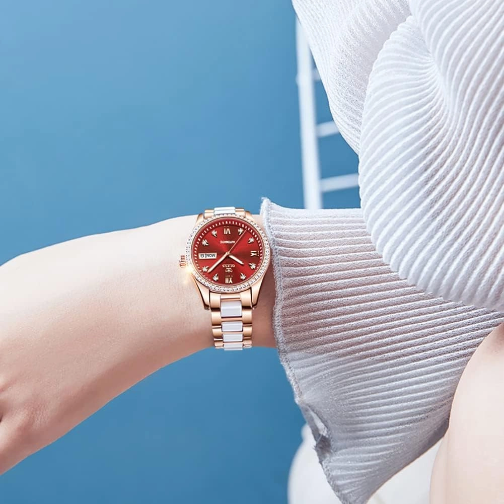 OLEVS Watch for Women Automatic Self Winding Mechanical Ladies Wrist Watch Big face Two Tone Stainless Steel Ceramic Bracelet Heart Diamond Fashion Luxury Ceramic Band Luminous Waterproof…