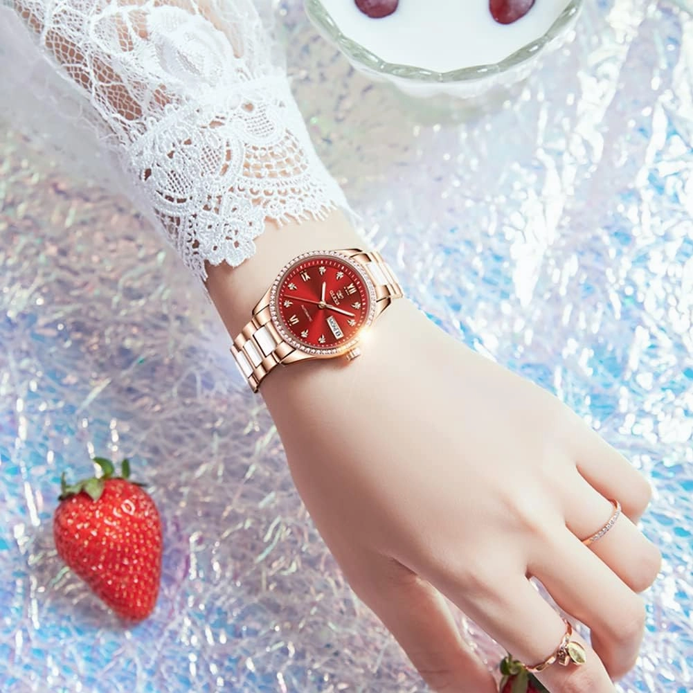 OLEVS Watch for Women Automatic Self Winding Mechanical Ladies Wrist Watch Big face Two Tone Stainless Steel Ceramic Bracelet Heart Diamond Fashion Luxury Ceramic Band Luminous Waterproof…