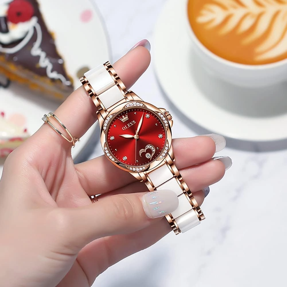 OLEVS Watch for Women Automatic Self Winding Mechanical Ladies Wrist Watch Big face Two Tone Stainless Steel Ceramic Bracelet Heart Diamond Fashion Luxury Ceramic Band Luminous Waterproof…