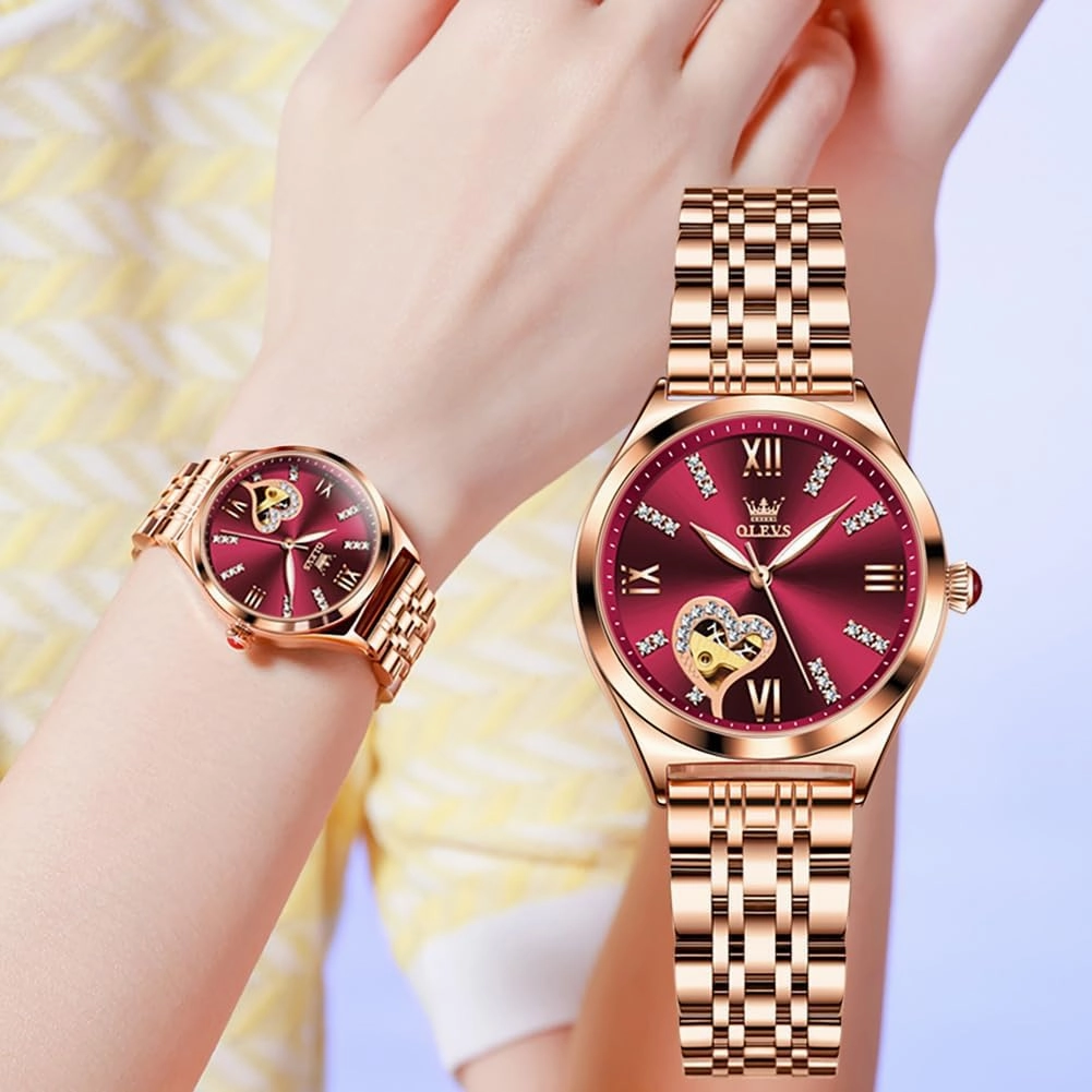 OLEVS Watches for Women Automatic Ladies Watch Mechanical Leather Strap Self-Winding Diamond dial Waterproof