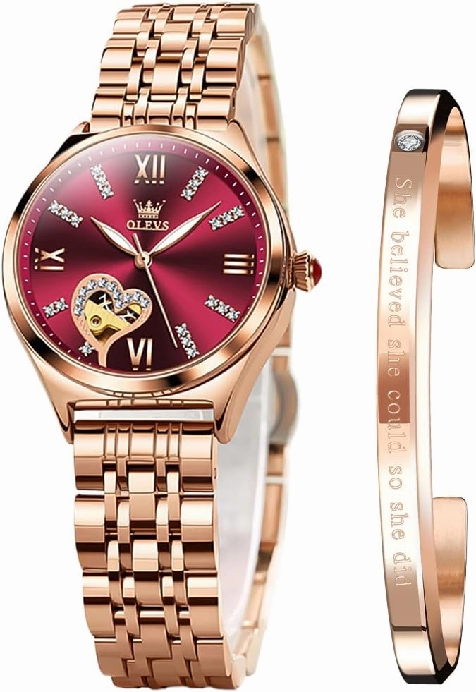 OLEVS Watches for Women Automatic Ladies Watch Mechanical Leather Strap Self-Winding Diamond dial Waterproof