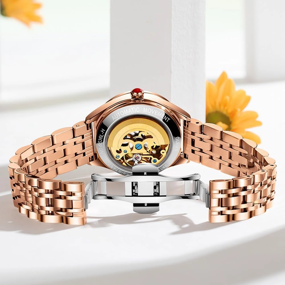 OLEVS Watches for Women Automatic Ladies Watch Mechanical Leather Strap Self-Winding Diamond dial Waterproof