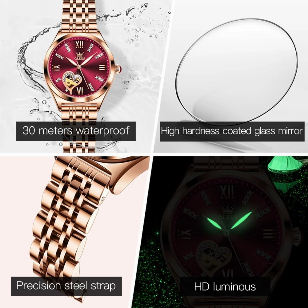 OLEVS Watches for Women Automatic Ladies Watch Mechanical Leather Strap Self-Winding Diamond dial Waterproof