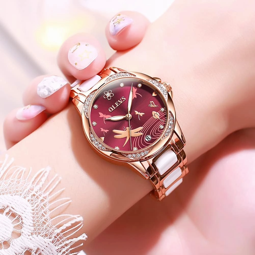 OLEVS Watches for Women Automatic Mechanical Self Winding Rose Gold Ladies Watch Diamond Dress Ceramic Bracelet Waterproof Female Wrist Watch
