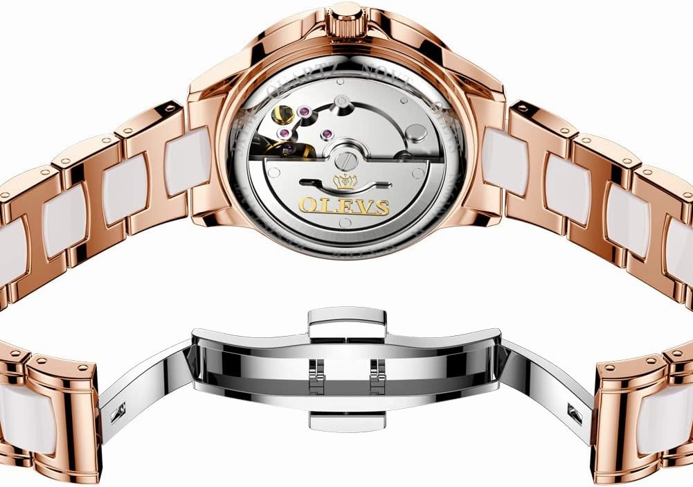 OLEVS Watches for Women Automatic Mechanical Self Winding Rose Gold Ladies Watch Diamond Dress Ceramic Bracelet Waterproof Female Wrist Watch