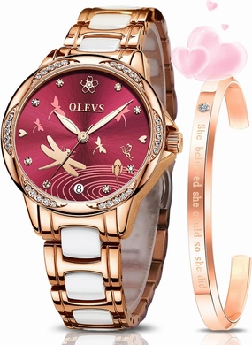 OLEVS Watches for Women Automatic Mechanical Self Winding Rose Gold Ladies Watch Diamond Dress Ceramic Bracelet Waterproof Female Wrist Watch