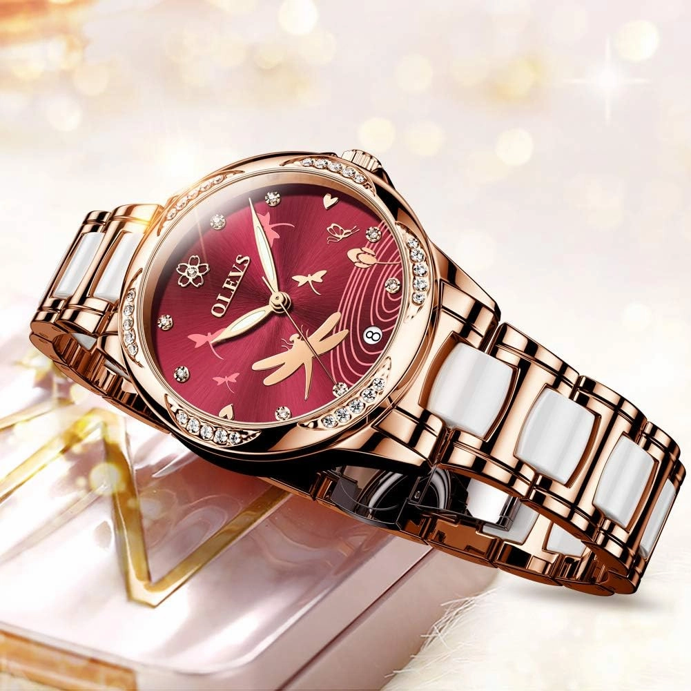 OLEVS Watches for Women Automatic Mechanical Self Winding Rose Gold Ladies Watch Diamond Dress Ceramic Bracelet Waterproof Female Wrist Watch