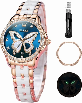 OLEVS Watches for Women Rose Gold Two Tone Fashion White Ceramic Ladies Wrist Watches Pink/Red Dial Stainless Steel Waterproof Date