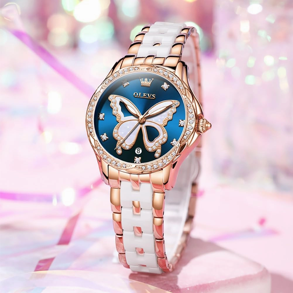 OLEVS Watches for Women Rose Gold Two Tone Fashion White Ceramic Ladies Wrist Watches Pink/Red Dial Stainless Steel Waterproof Date