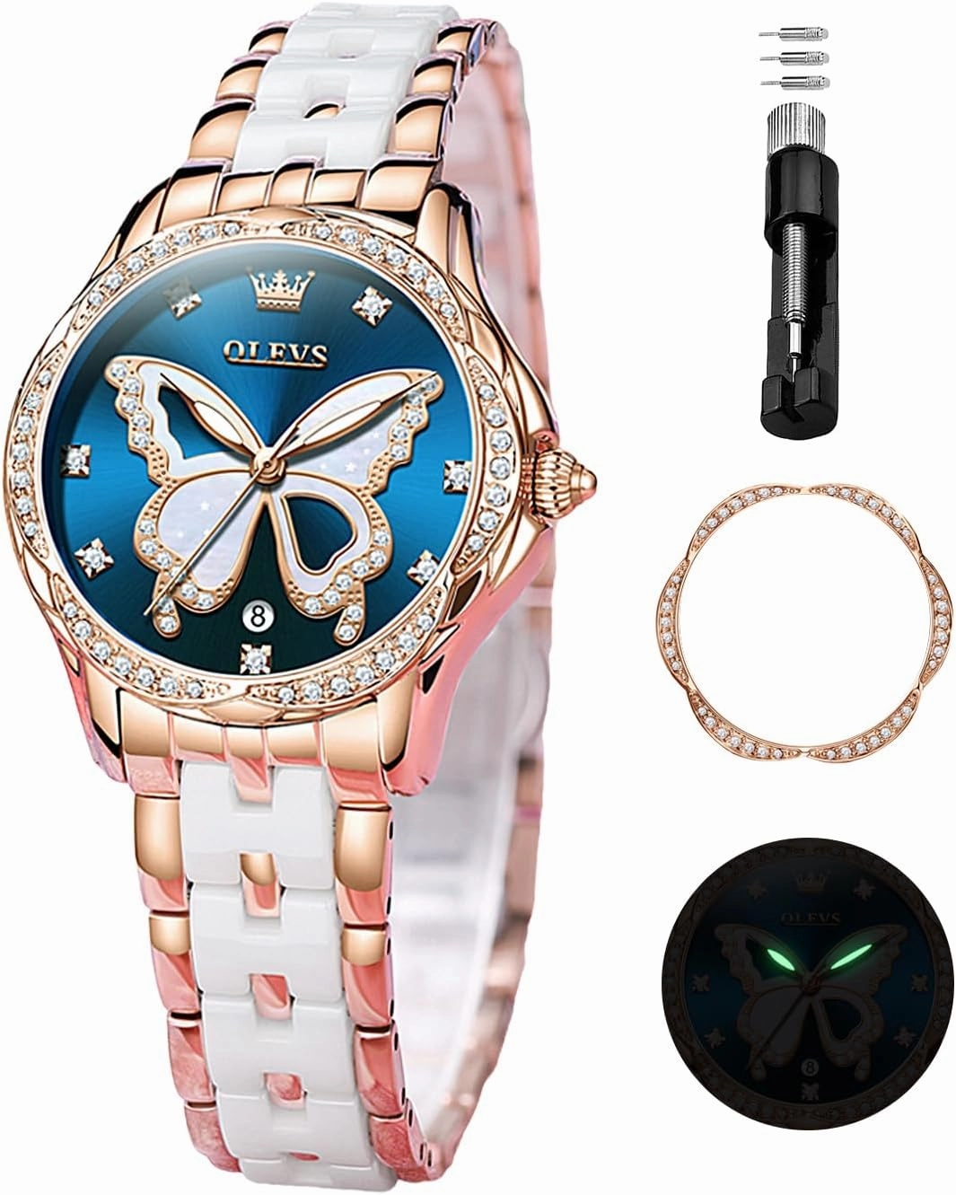 OLEVS Watches for Women Rose Gold Two Tone Fashion White Ceramic Ladies Wrist Watches Pink/Red Dial Stainless Steel Waterproof Date